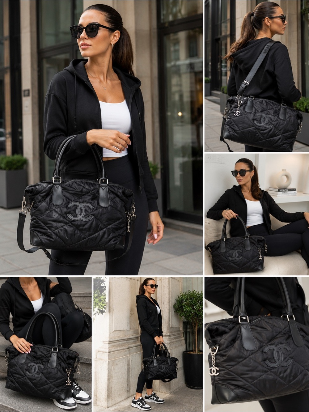 Large Black Quilted Nylon Weekender Travel Tote Shoulder Bag Designer Inspired